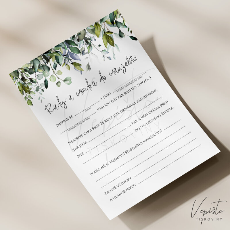 svatební doplňovačka s radami do manželství přírodní zelené listy ke stažení pdf