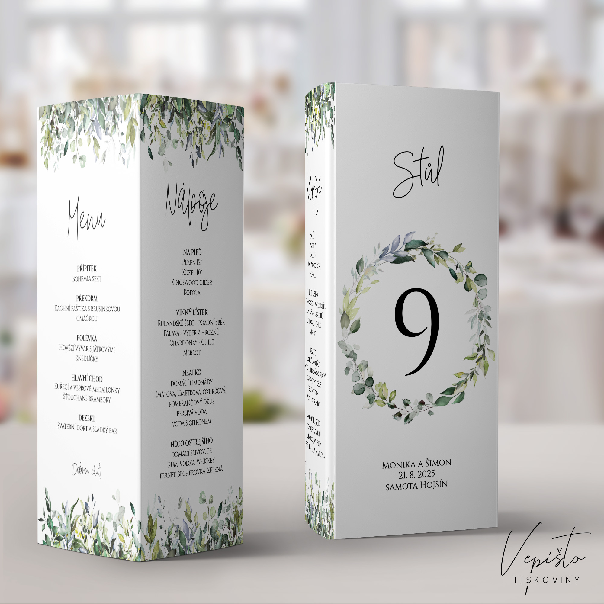 stojánek menu nápoje drink menu na svatební tabuli hostinu stůl s textem trojúhelníkový šablona pdf zelené listy číslo stolu