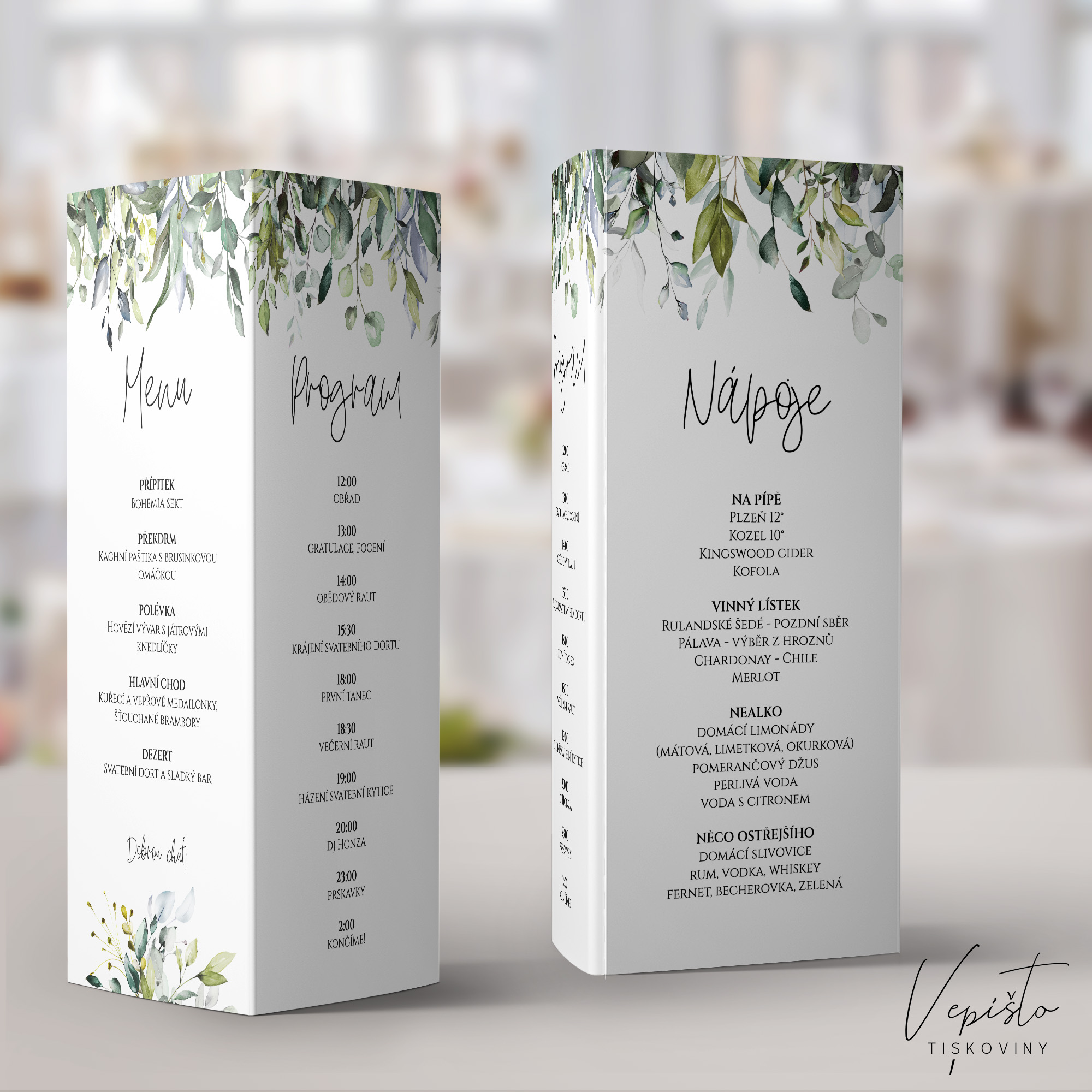 stojánek menu nápoje drink menu na svatební tabuli hostinu stůl s textem trojúhelníkový šablona pdf zelené listy