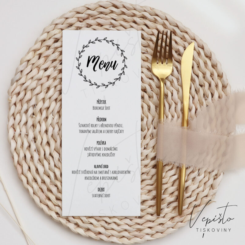 šablona svatebního menu přírodní s věnečkem