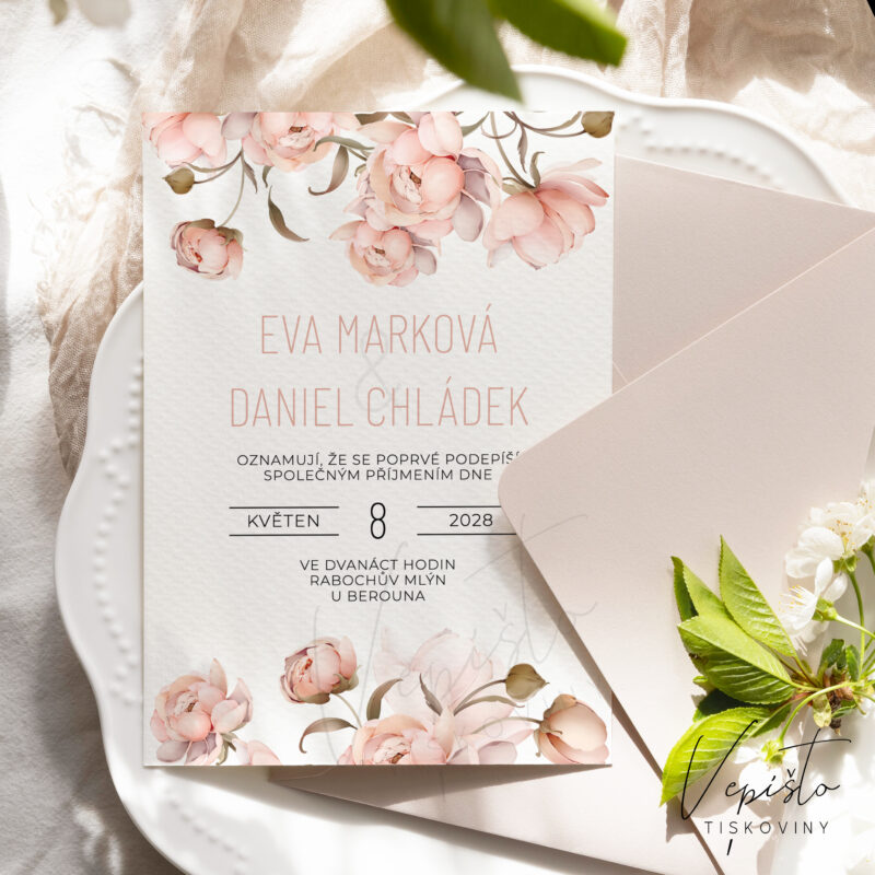 svatební oznámení šablona vzor pdf růžové květy pivoňky romantické jednoduché moderní