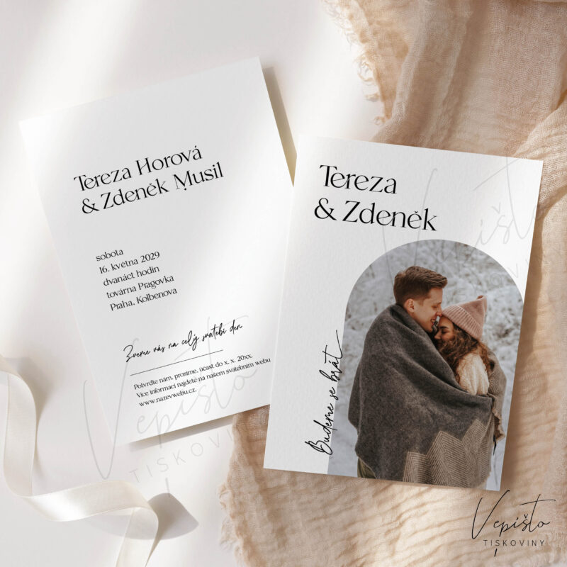 svatební oznámení vzor šablona pdf ke stažení moderní jedhoduché čisté s oblouky s fotografií s fotkou