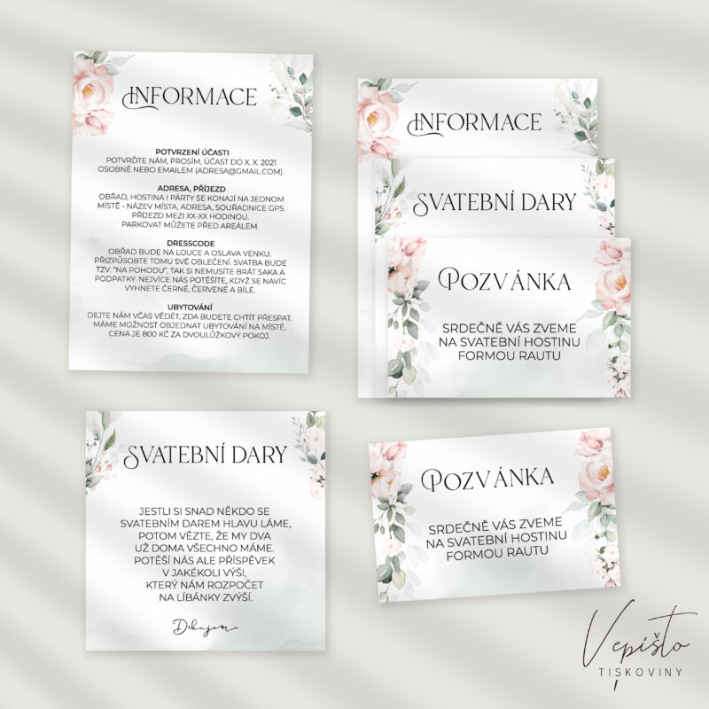 kartičky ke svatebnímu oznámení svatební dary detaily informace dresscode pozvánka ke stolu na hostinu na raut světlé květy růžové romantické jemné inpirace ke stažení pdf