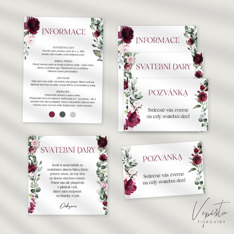 kartičky ke svatebnímu oznámení svatební dary detaily informace dresscode pozvánka ke stolu na hostinu na raut červená a zelená smaragdová bordó vínová inpirace ke stažení pdf
