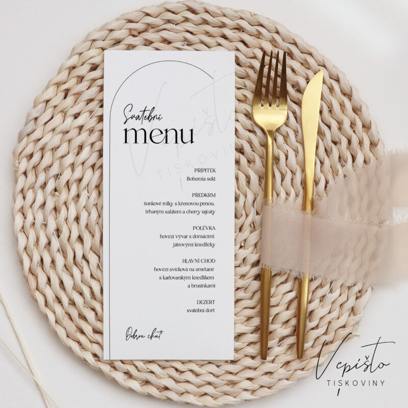 menu na svatební stůl hostina šablona oblouk elegantní jednoduché menu úzké