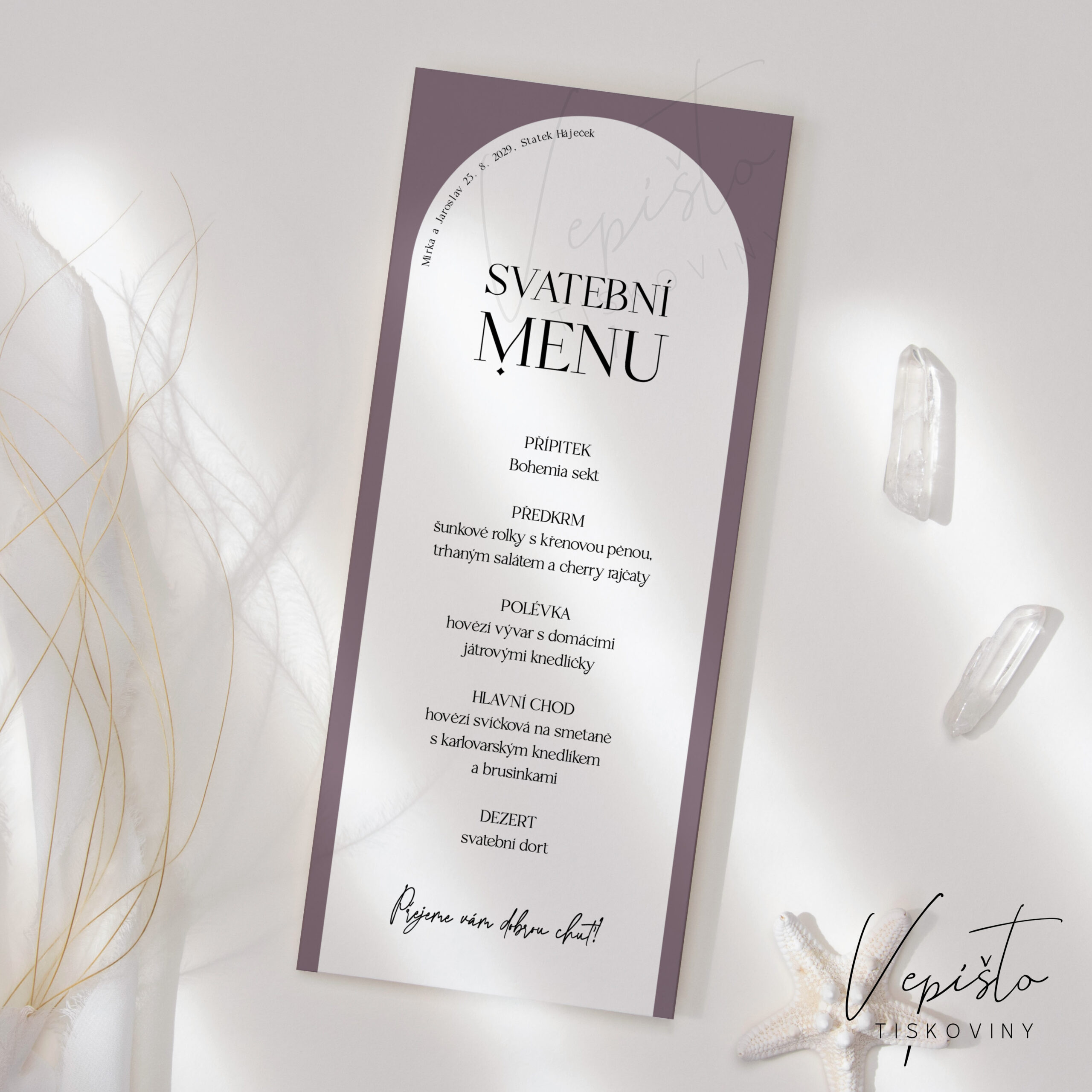 menu na svatební stůl hostina šablona oblouk elegantní jednoduché menu úzké