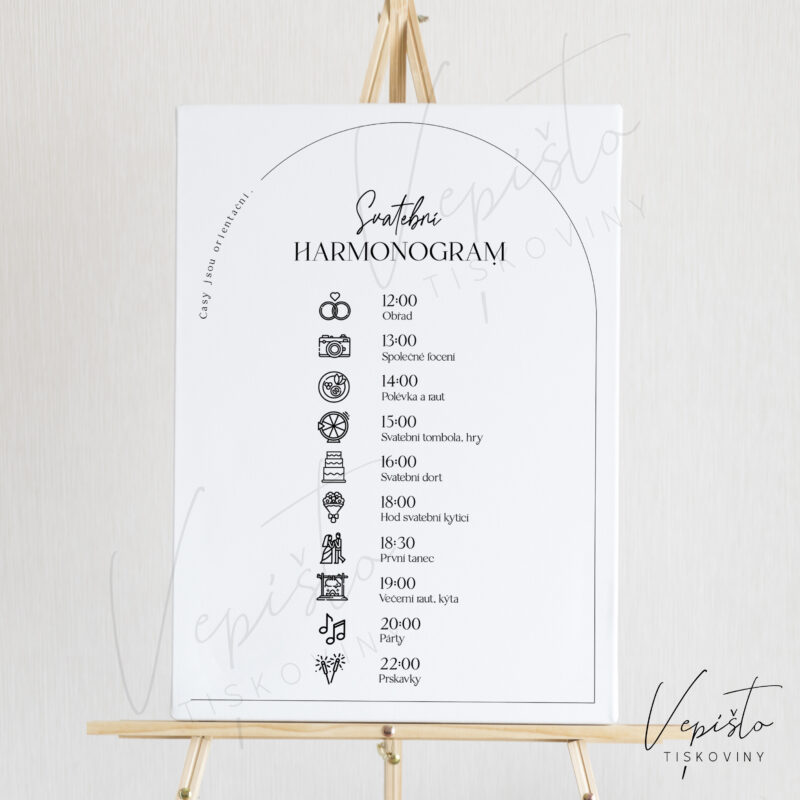 svatební program dne harmonogram svatebního dne s piktogramy obrázky časy jsou orientační obloukový s obloukem jednoduchý elegantní pdf šablona
