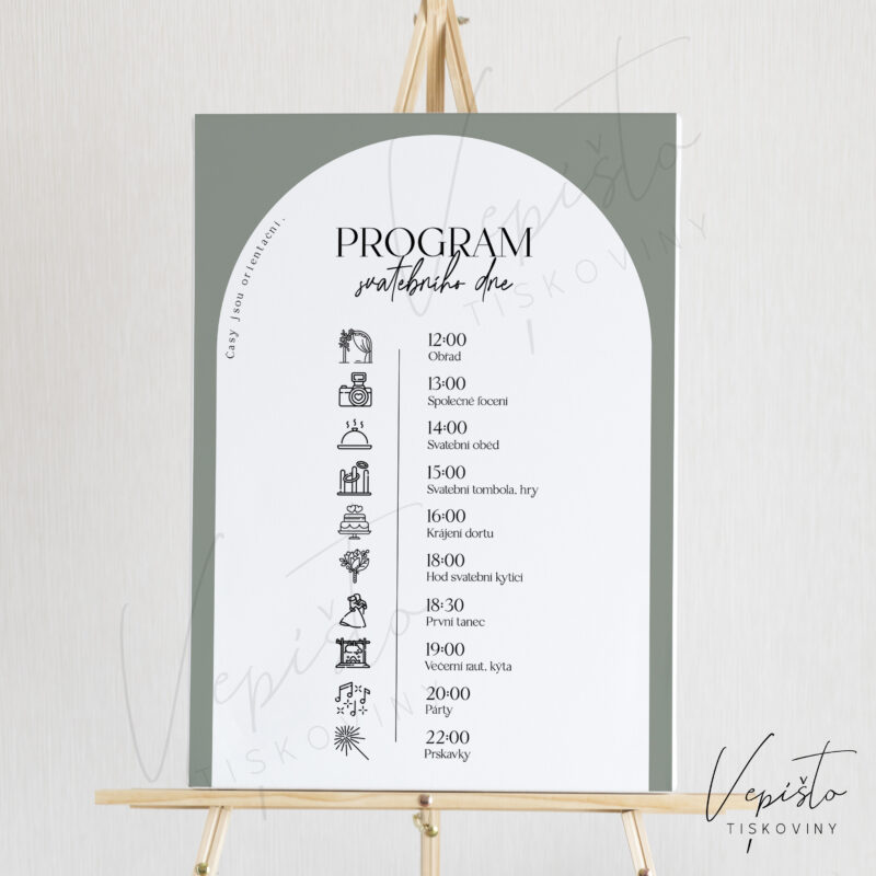 svatební program dne harmonogram svatebního dne s piktogramy obrázky časy jsou orientační obloukový s obloukem jednoduchý elegantní pdf šablona