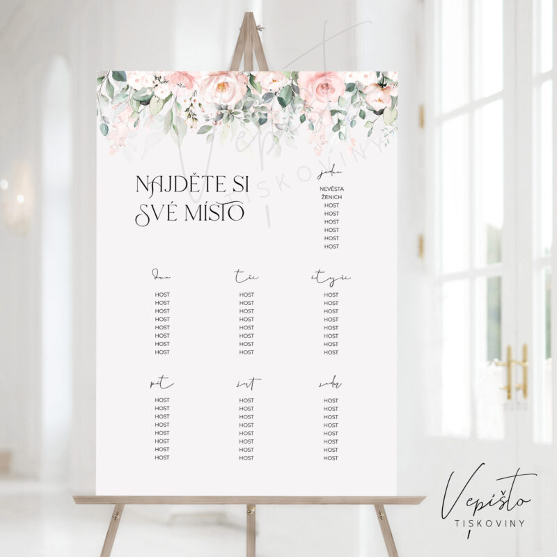 světle růžové květy šablona vepišto pdf svatební zasedací pořádek najděte si své místo U T E kulaté stoly k vlastnímu tisku