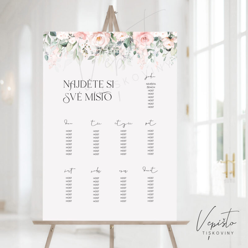 světle růžové květy šablona vepišto pdf svatební zasedací pořádek najděte si své místo U T E kulaté stoly k vlastnímu tisku