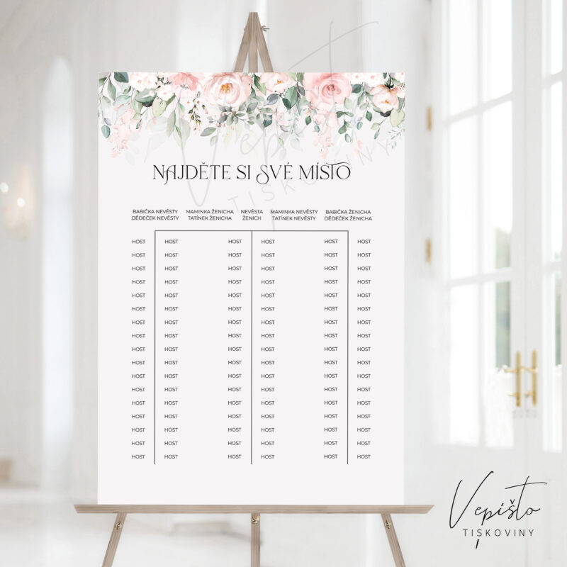 světle růžové květy šablona vepišto pdf svatební zasedací pořádek najděte si své místo U T E kulaté stoly k vlastnímu tisku