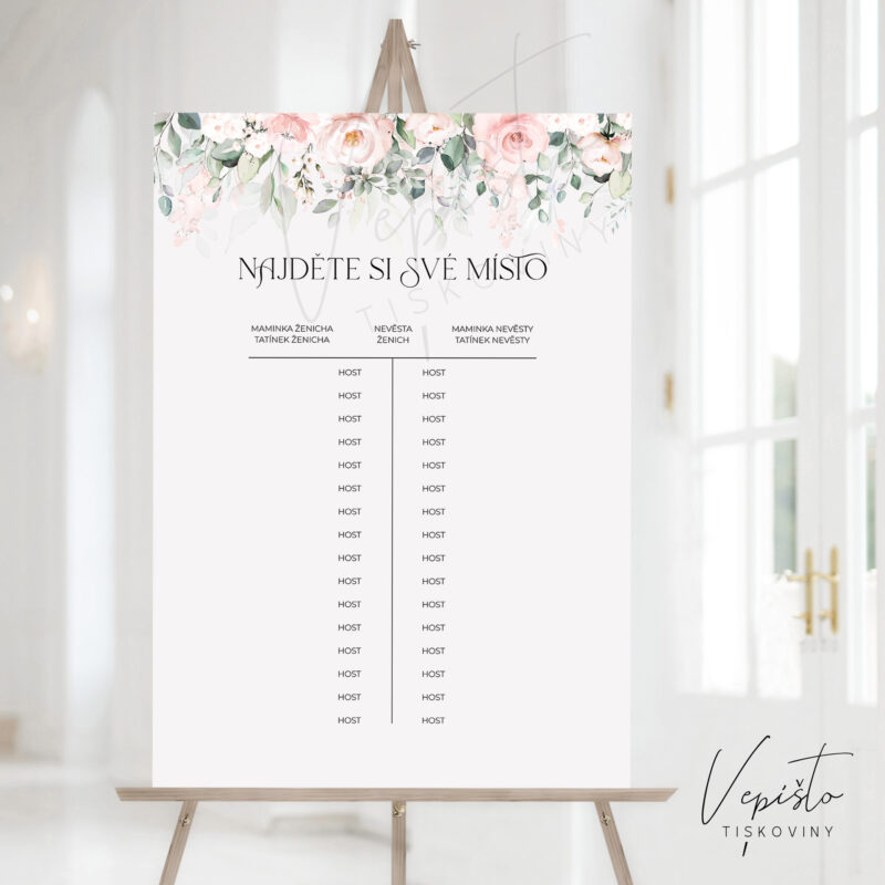 světle růžové květy šablona vepišto pdf svatební zasedací pořádek najděte si své místo U T E kulaté stoly k vlastnímu tisku