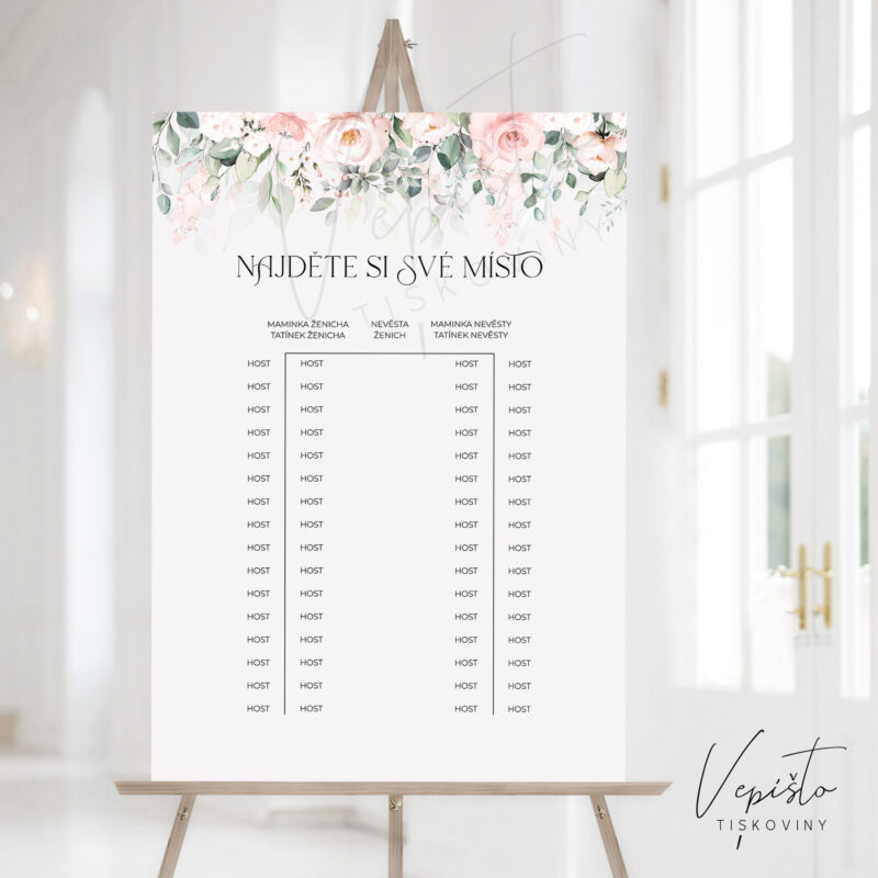 světle růžové květy šablona vepišto pdf svatební zasedací pořádek najděte si své místo U T E kulaté stoly k vlastnímu tisku