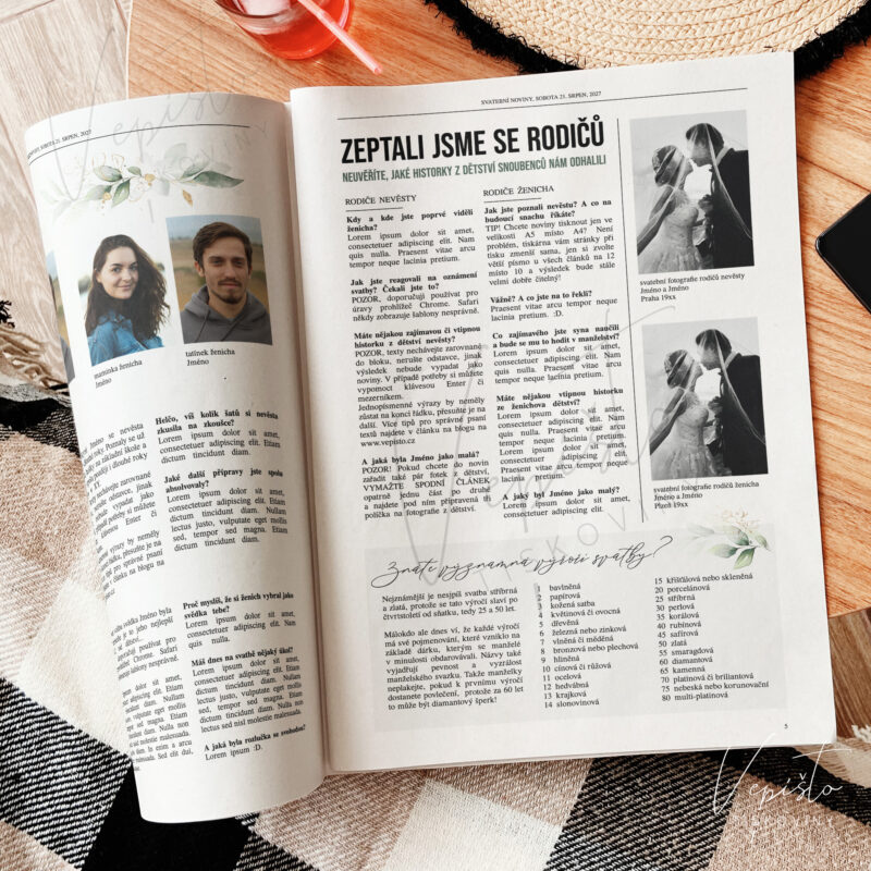šablona inspirace vzor texty co napsat svatební noviny