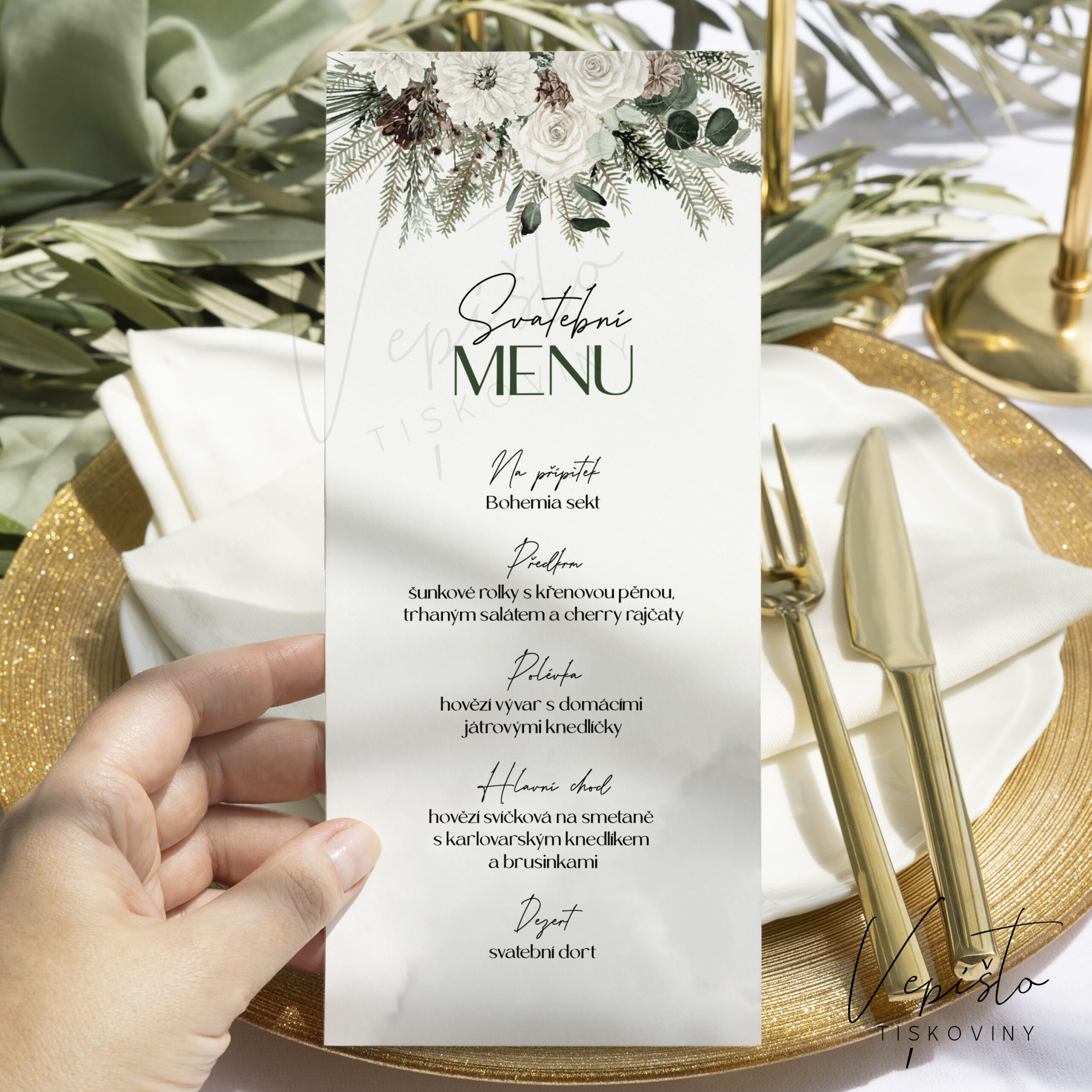 Zima a jehličí, menu s květy nahoře
