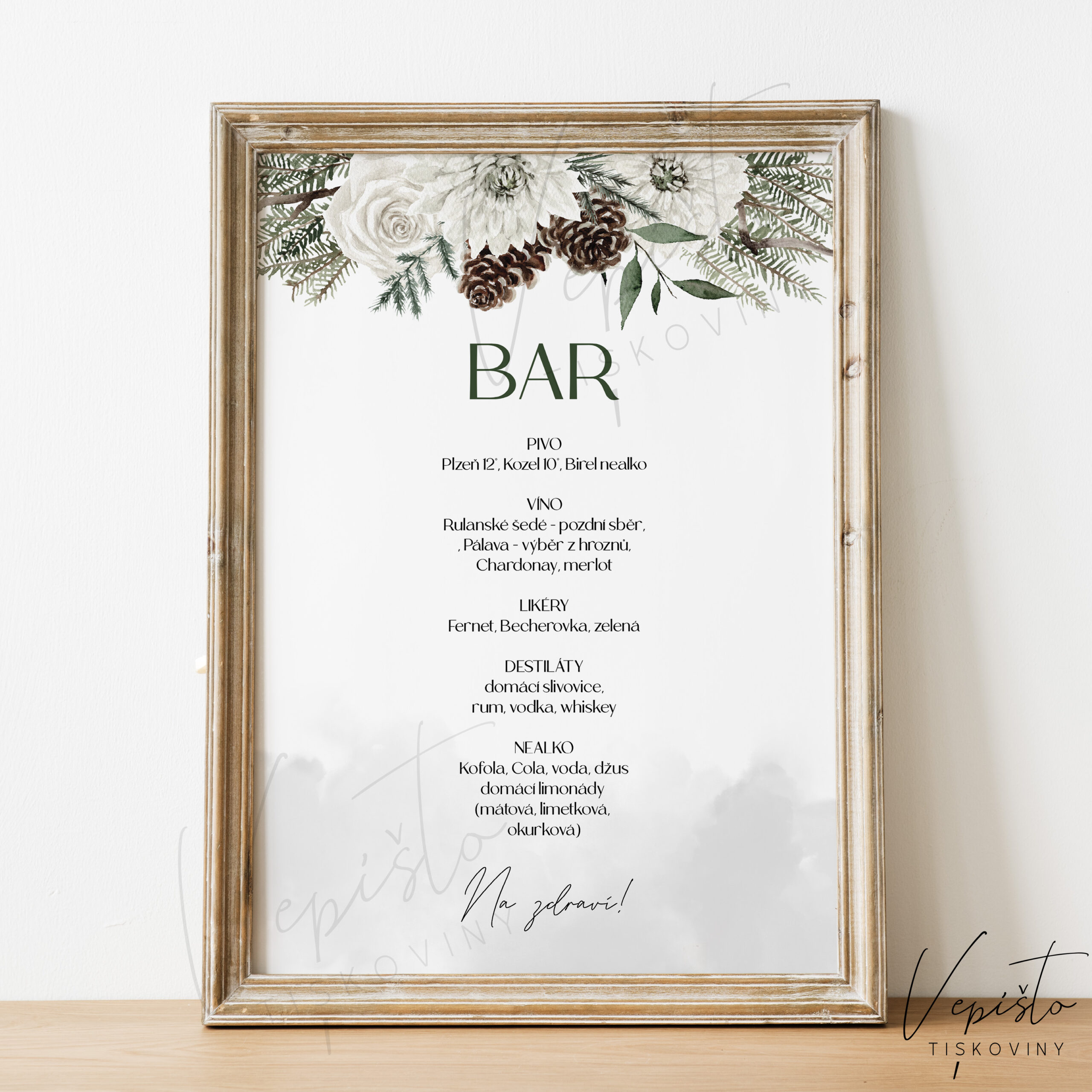 barové menu bar menu nápojový lístek jehličí šišky a bílé květy