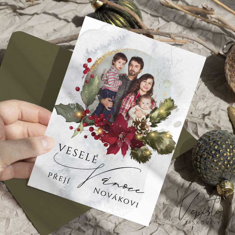 Vánoční přání s fotkou, akvarel a cesmína