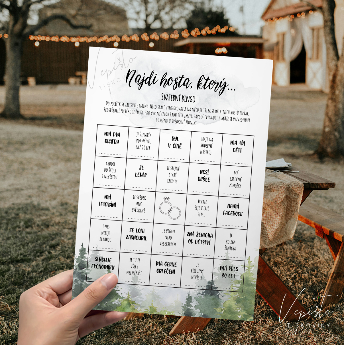 Hory a les, svatební hra Najdi hosta (svatební bingo)