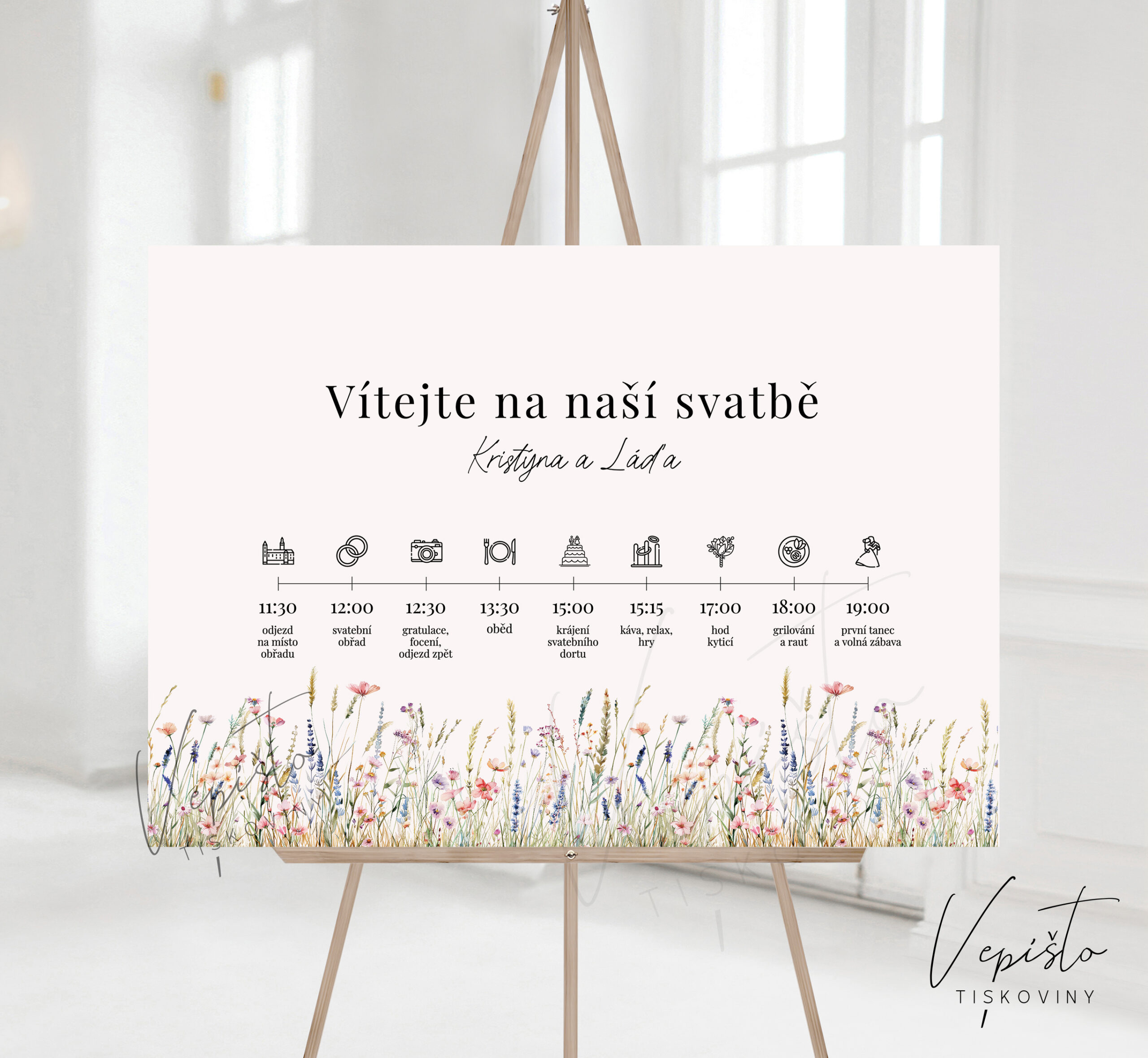 svatební uvítací cedule s harmonogramem programem s piktogramy šablona ke stažení