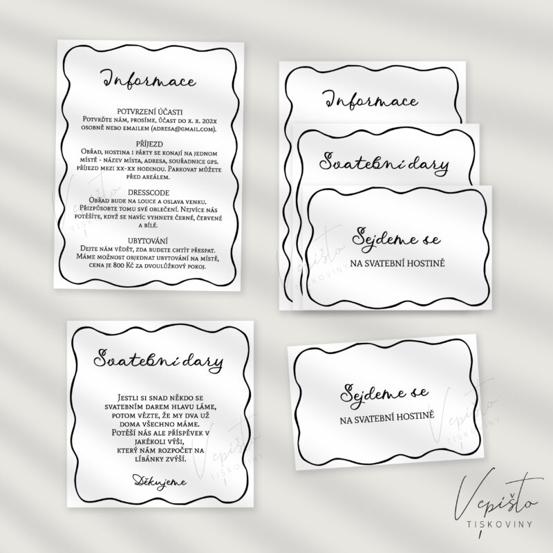 Rozmarné kresby, odstupňované kartičky k oznámení, verze s rámečkem