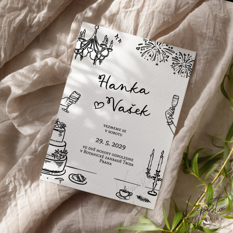 Rozmarné kresby, svatební oznámení obrázkové se stolem