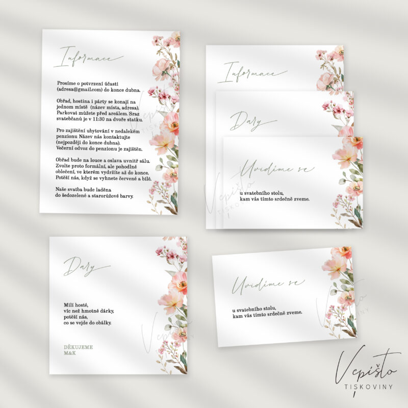 Růžová kvítka, odstupňované kartičky k oznámení