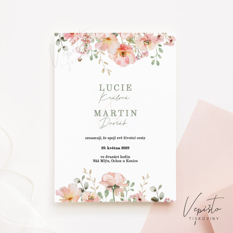 svatební oznámení šablona růžové sage zelená