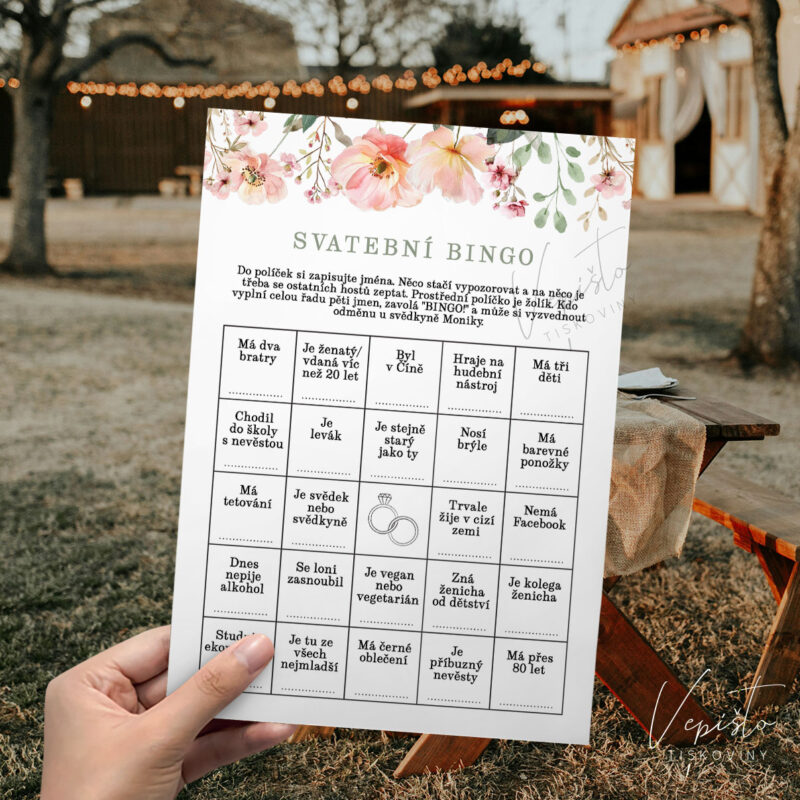 Růžová kvítka, svatební hra Najdi hosta (svatební bingo)