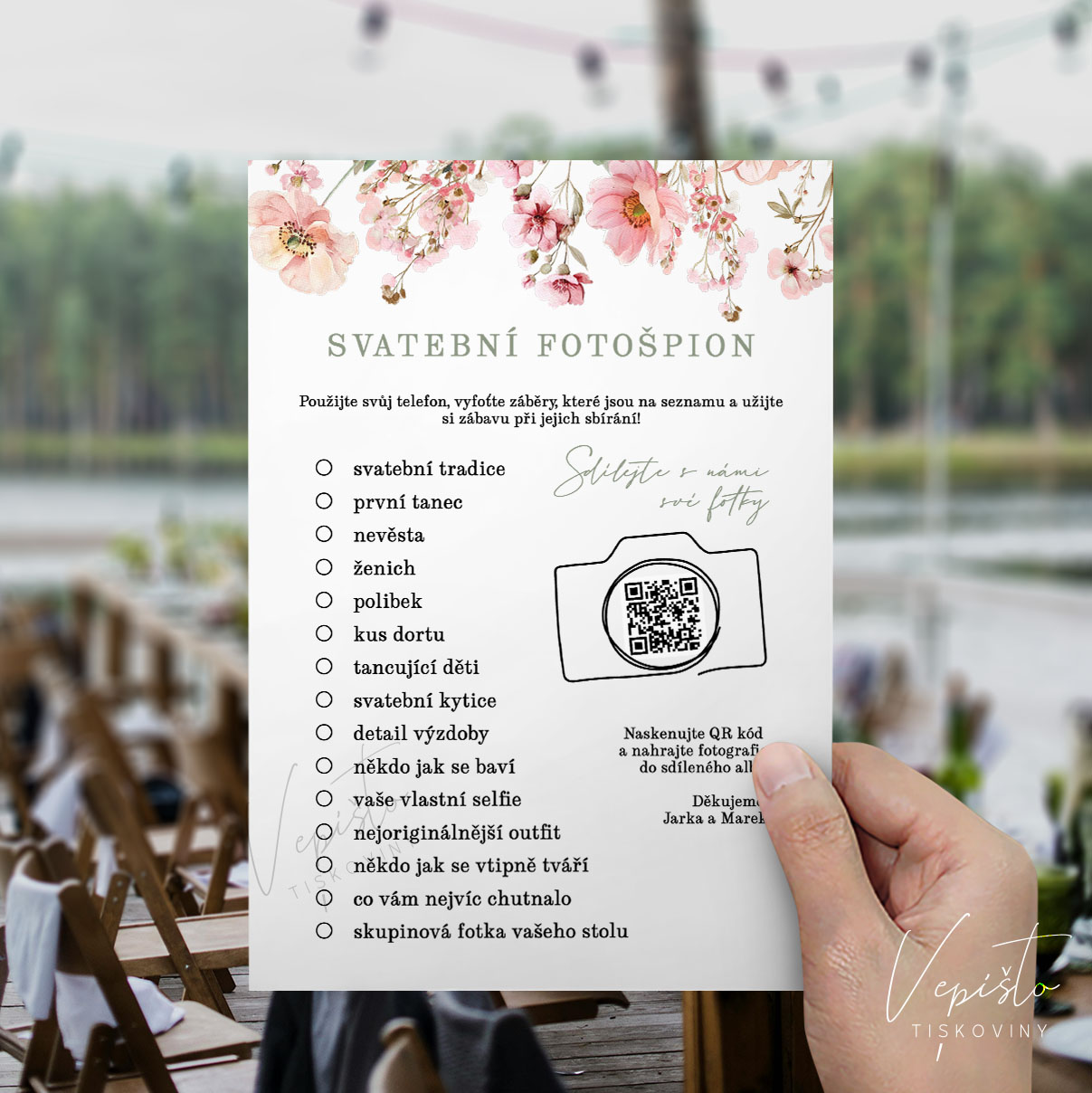 Růžová kvítka, svatební hra Fotošpion s QR kódem