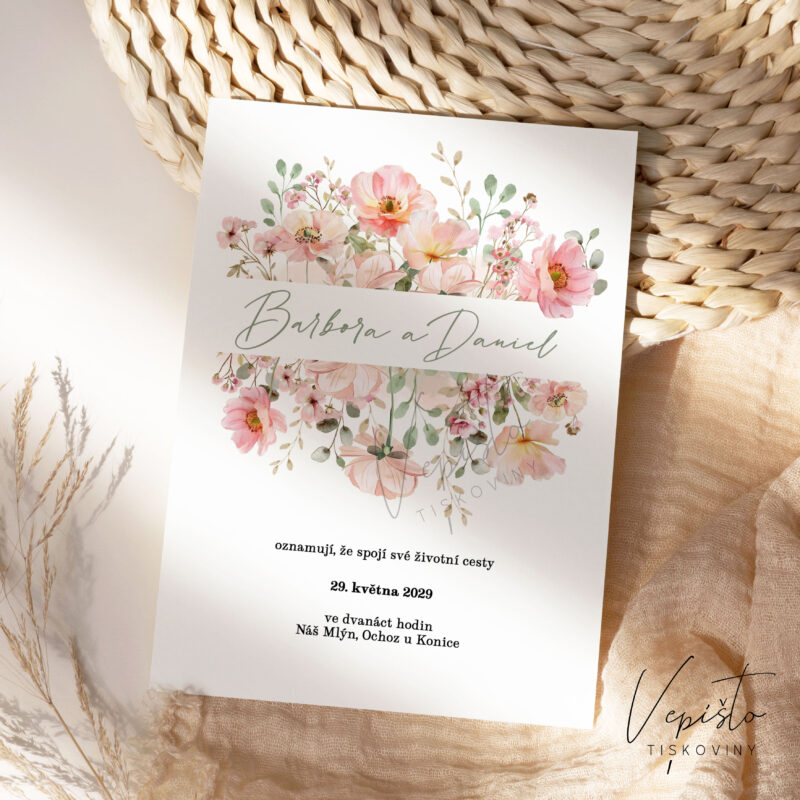 Růžová kvítka, svatební oznámení s pruhem