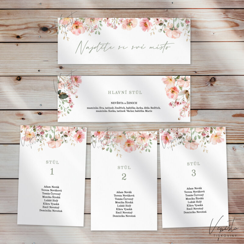 Růžová kvítka, zasedací pořádek kartičky