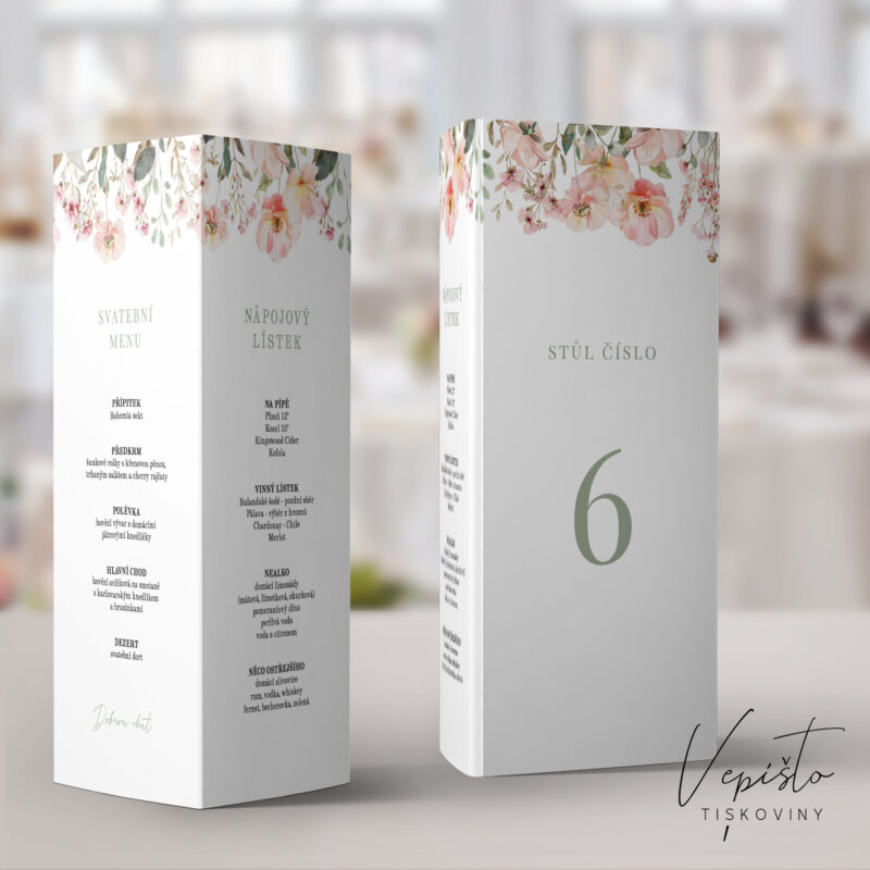 Růžová kvítka, stojánek na stůl s číslem stolu