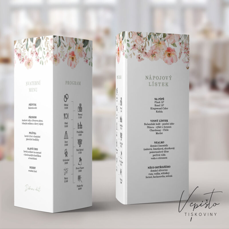 Růžová kvítka, stojánek na stůl s programem