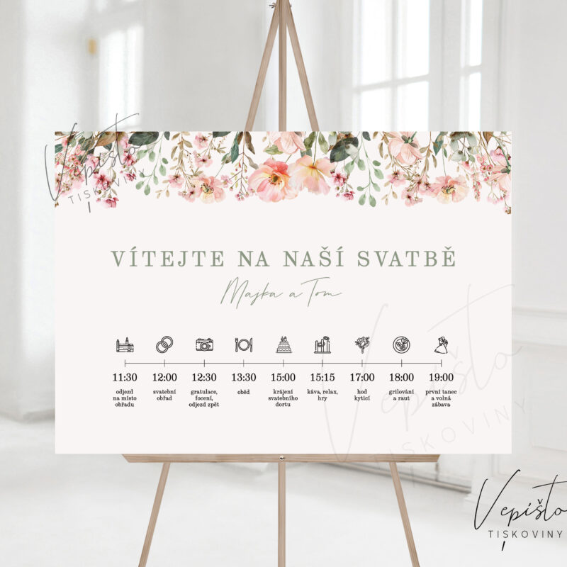 Růžová kvítka, uvítací cedule s harmonogramem