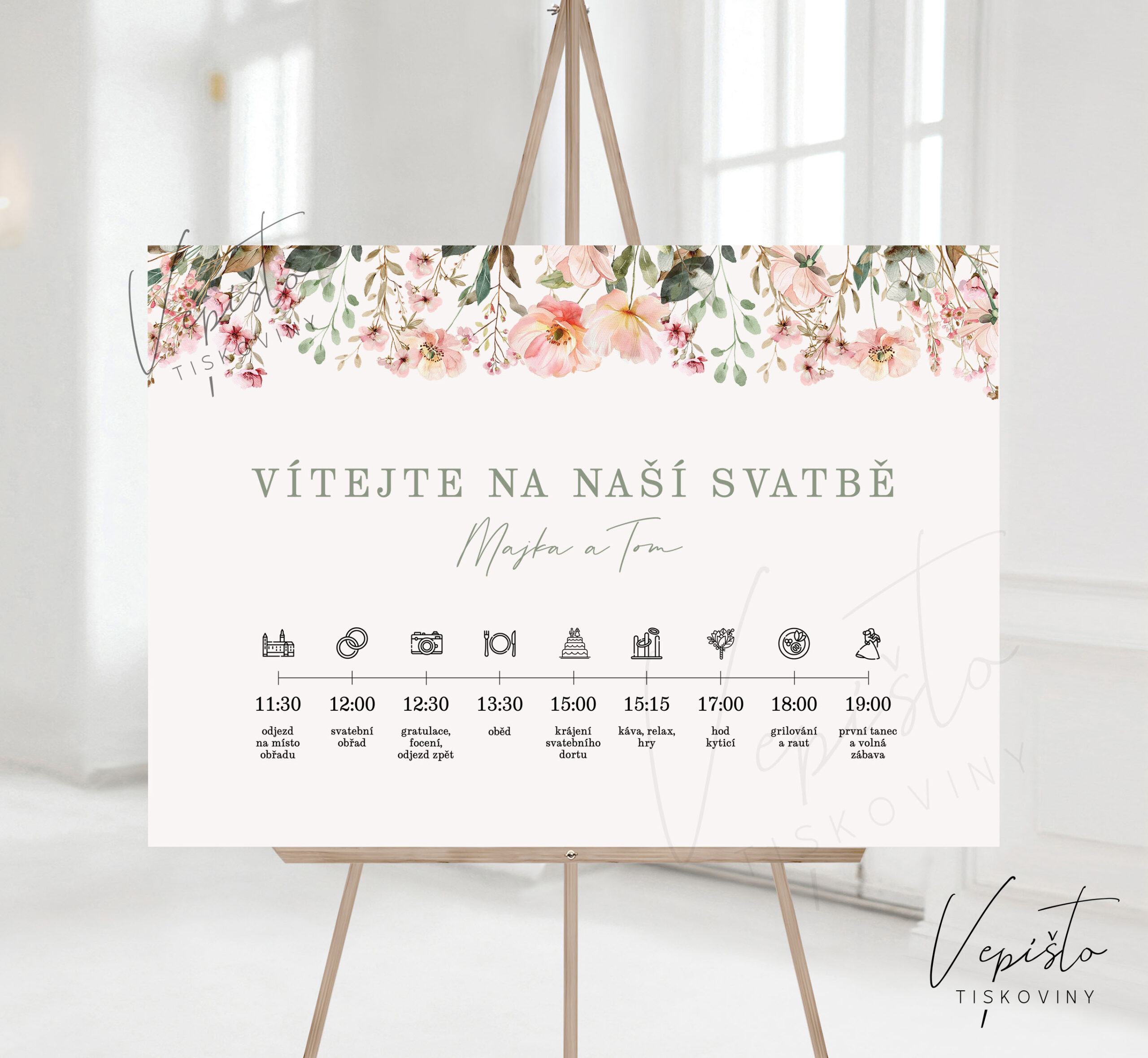 Růžová kvítka, uvítací cedule s harmonogramem