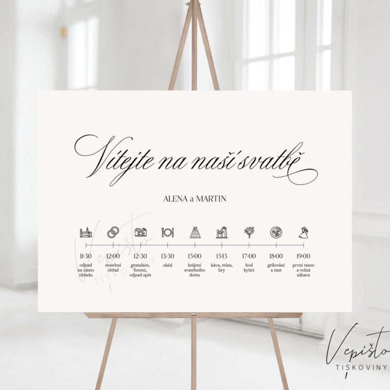 Elegantní klasika, uvítací cedule s harmonogramem